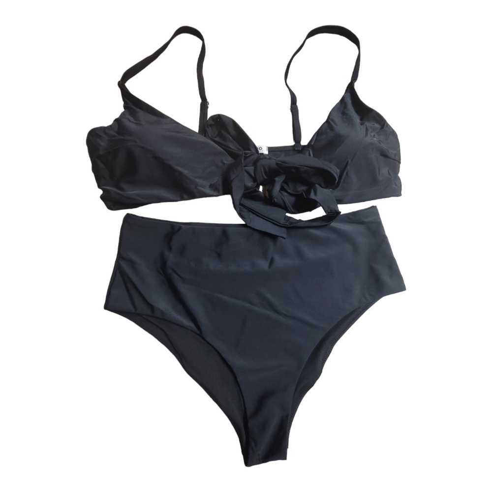Aolro Women's Black Front Tie Knot Two Piece Bikini and Sarong Wrap Set, XXL